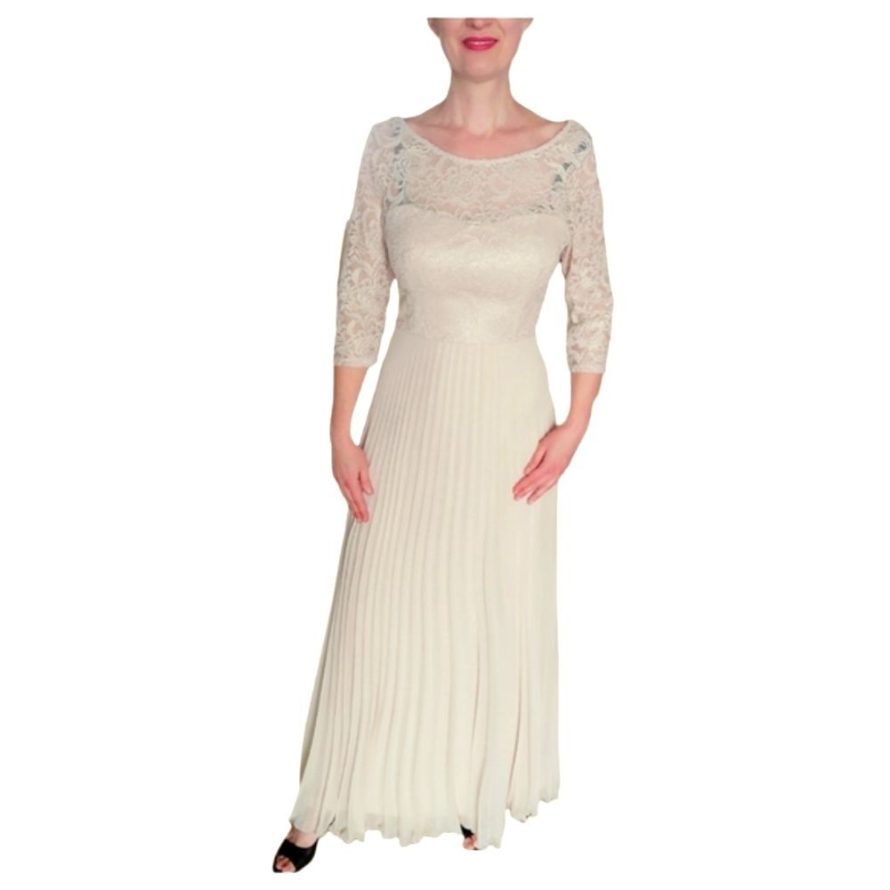 Miss Kim Sequin maxi long dress formal gown cream open back pleated size 6 8
